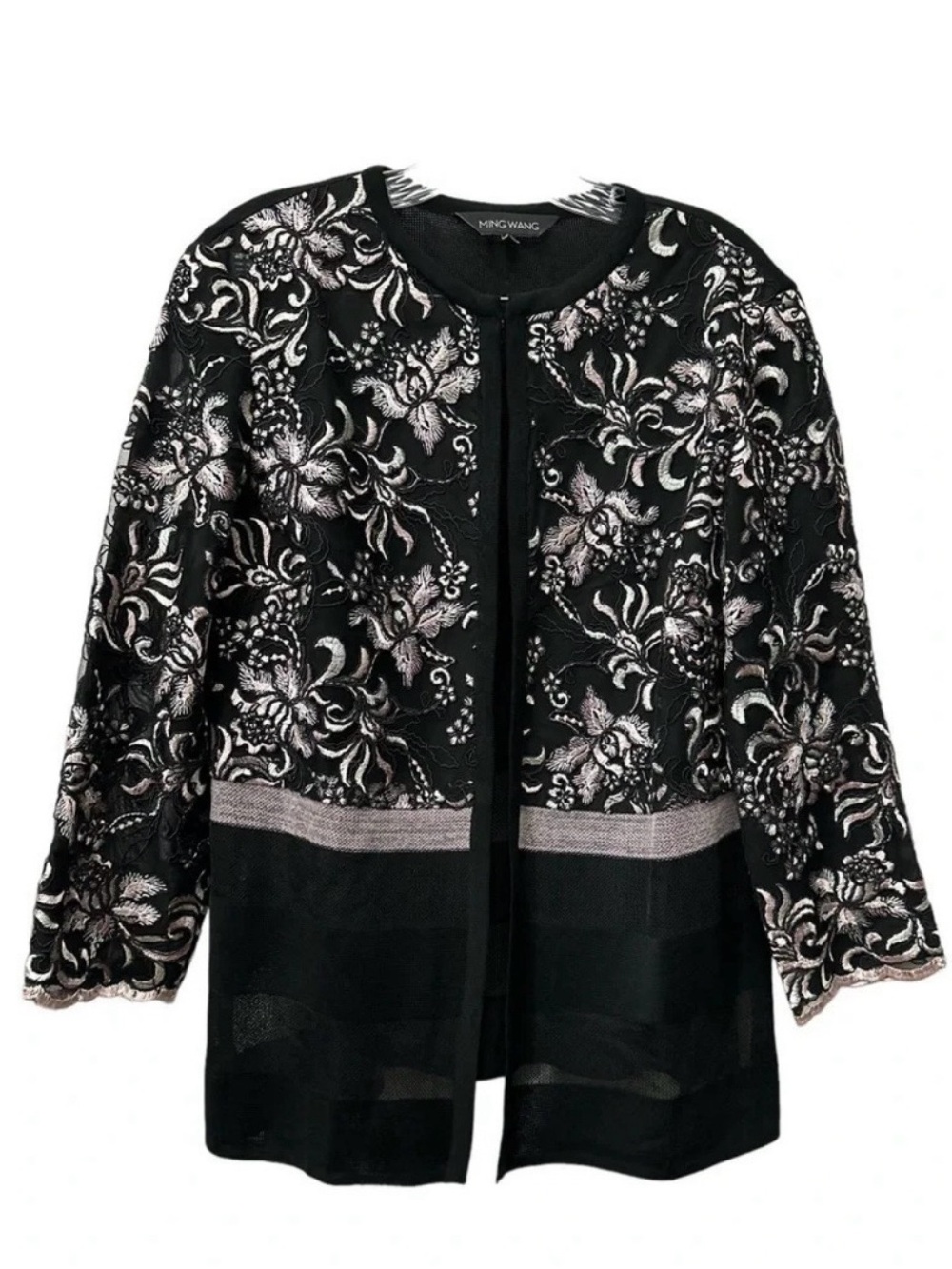 Ming Wang Black Textured Knit Open Cardigan